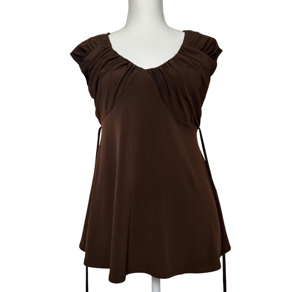 Y2K Babydoll Brown Ruched V Neck Cap Sleeve Tie‎ Waist Top Boho Size S